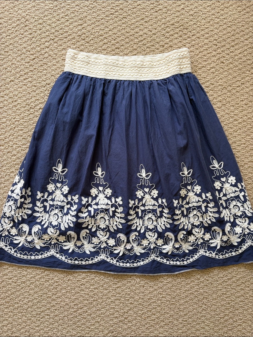 Women’s Navy Blue Embroidered Skirt with Cream ElasticWaistband